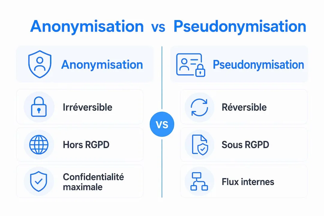 Infographie : les différences entre anonymisation et pseudonymisation des données selon le RGPD