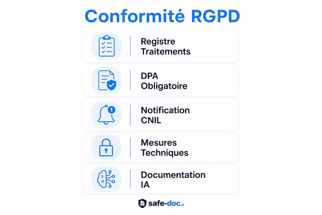 Schéma des principales étapes pour assurer la conformité juridique au RGPD