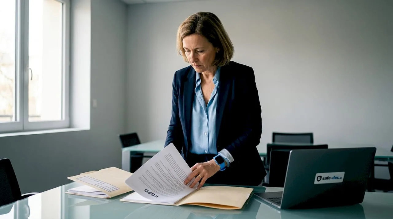 Une experte passe en revue des documents liés au RGPD dans son bureau.