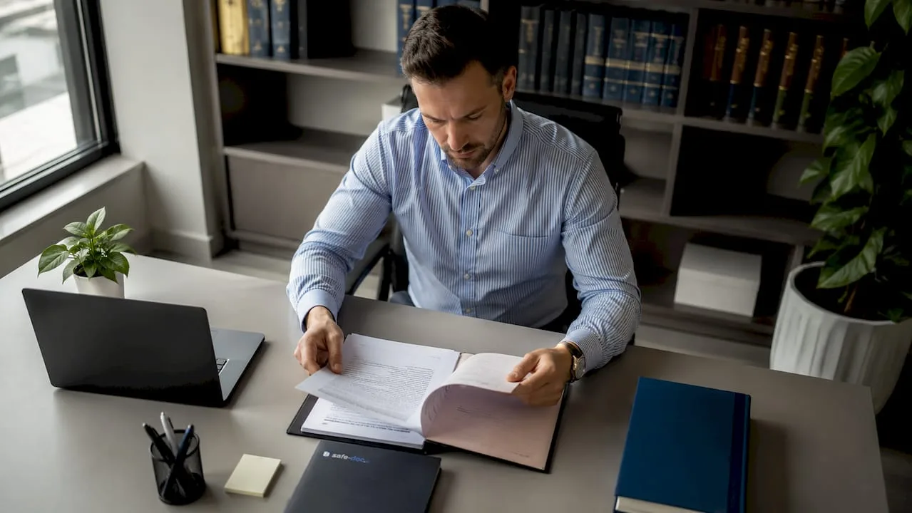 A notary reviewing a paper file at his desk