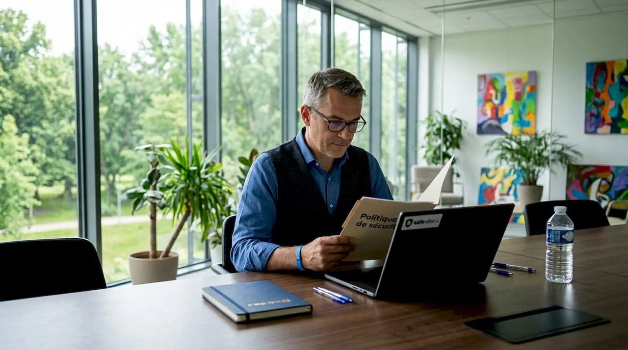 An expert reviews the security policy on an official document