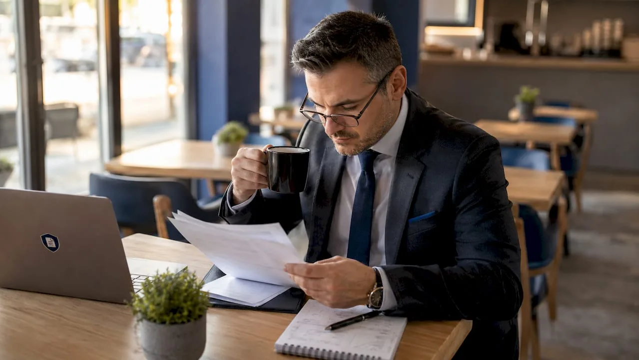 Un juriste examine un dossier confidentiel.