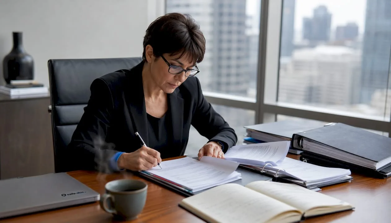 A data protection consultant carefully reviewing GDPR documentation at her workstation.