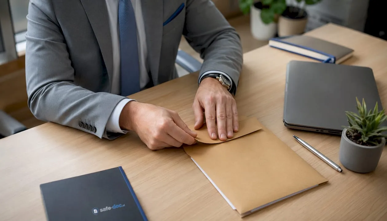 A lawyer sealing confidential documents, ensuring their authenticity and confidentiality.