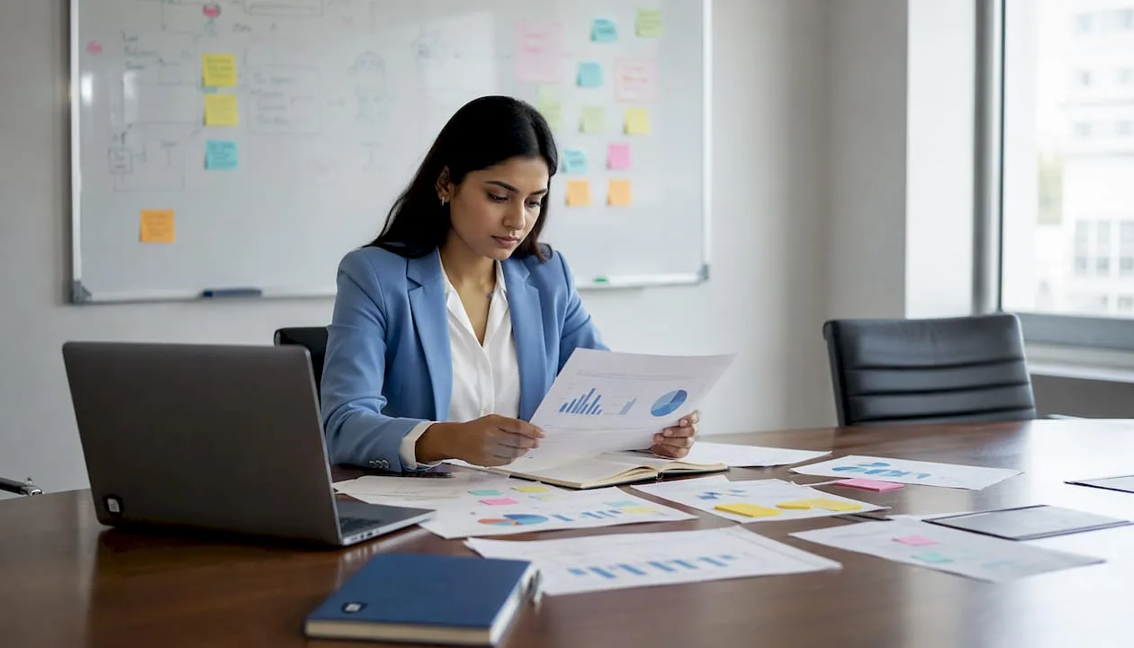 A woman carefully examines a file containing confidential information