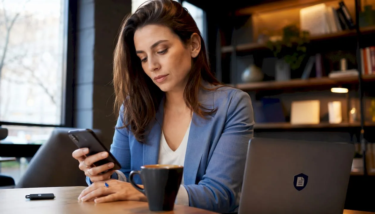 Une collaboratrice sécurise son accès informatique au travail grâce à une authentification renforcée.