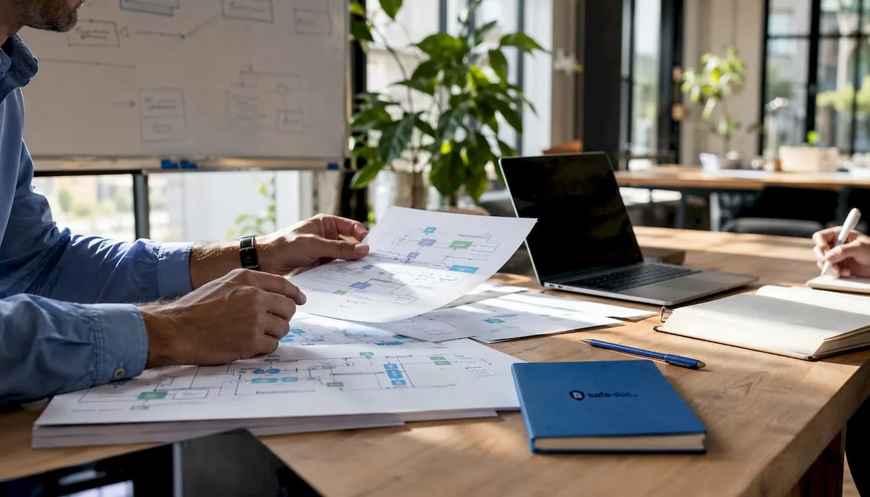 Hands carefully analyze computer data flow diagrams.