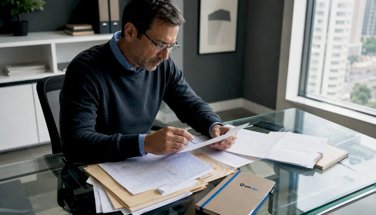 A human resources manager consults a confidential file in complete security.