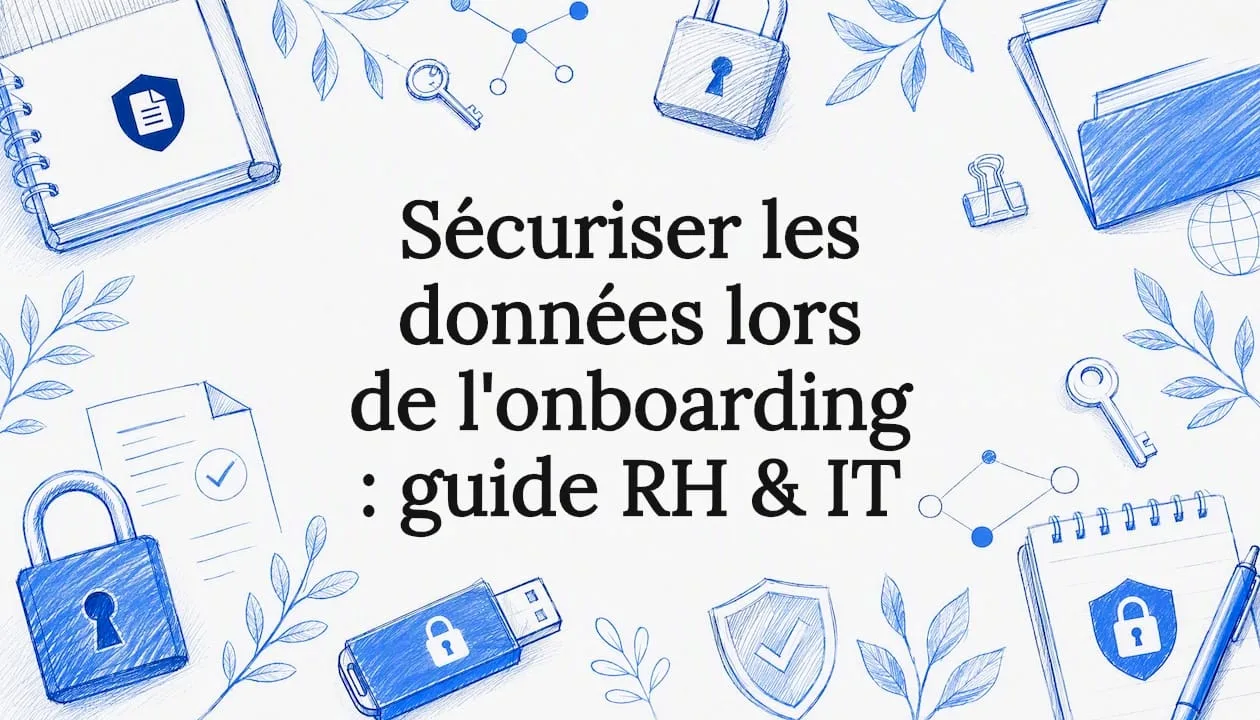 Decorative visual integrating elements illustrating security and human resources, positioned around the title.