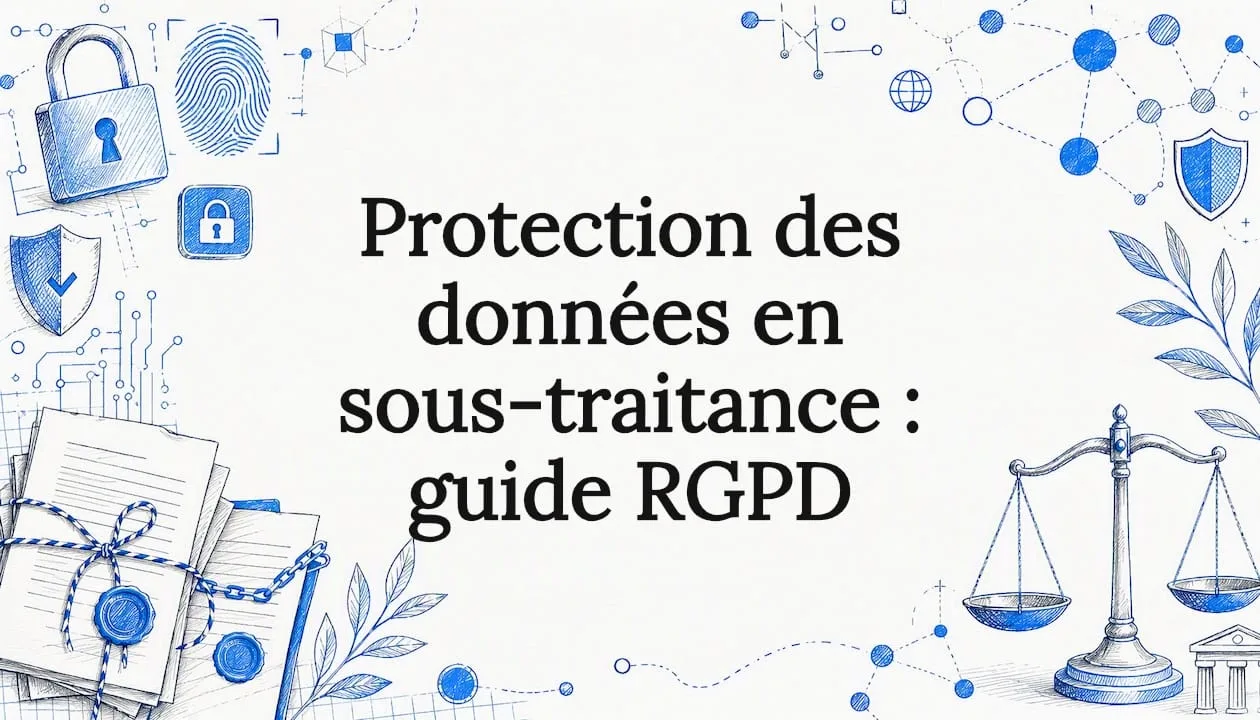 Illustration de page de titre mettant en avant la sécurité des données et les aspects juridiques, avec des éléments graphiques représentatifs.