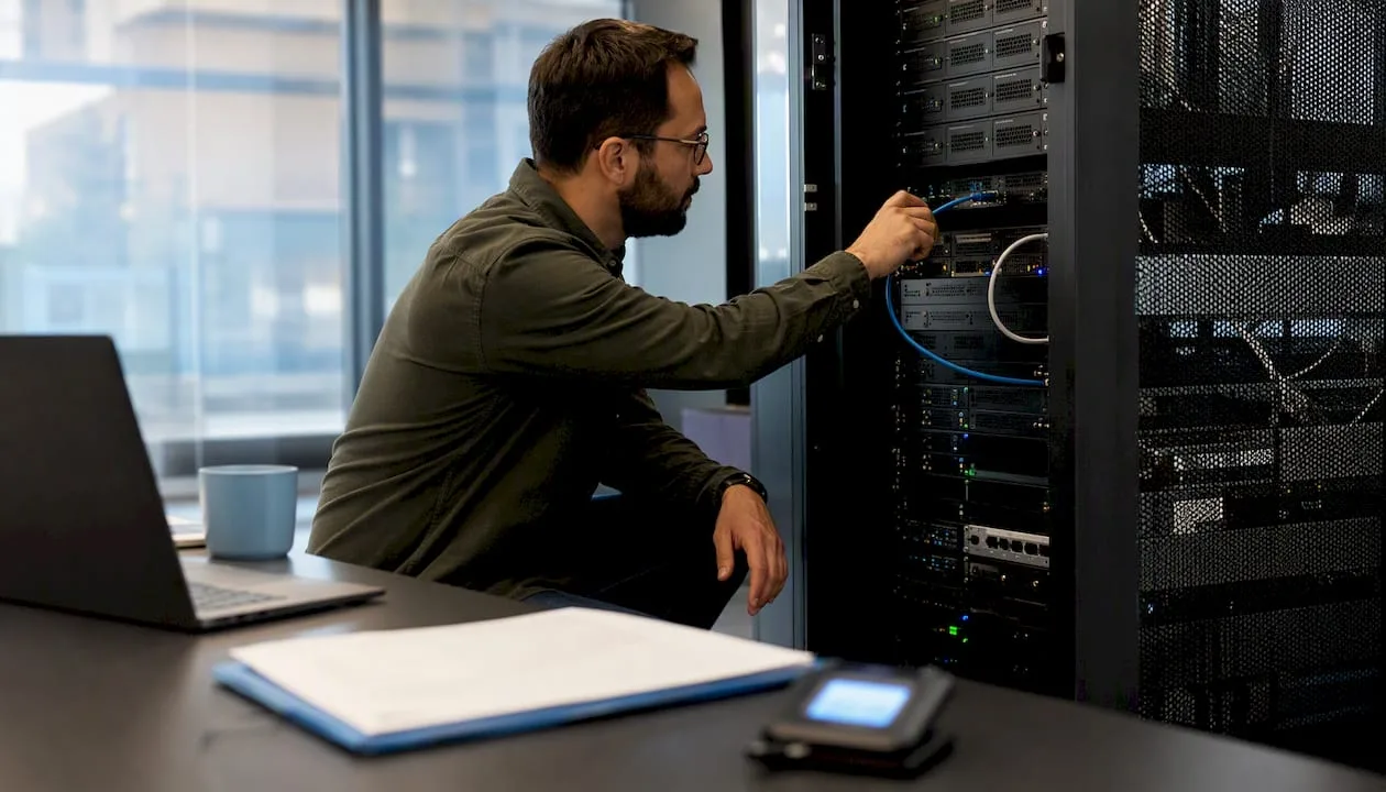 Des mains raccordent un câble réseau à l'intérieur d'une baie de serveurs, assurant la connexion entre les équipements informatiques.