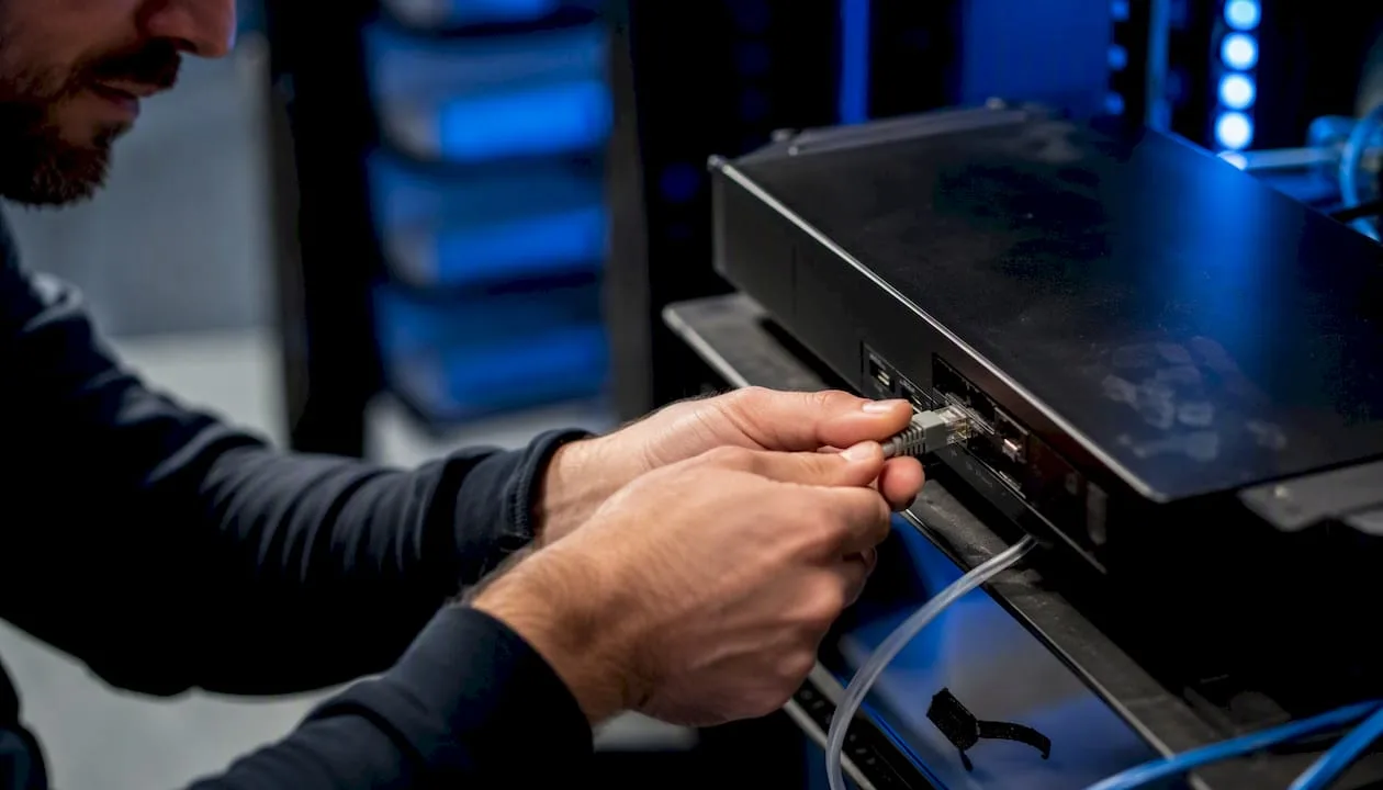 Des mains branchent un câble réseau sur un appareil de sécurité.