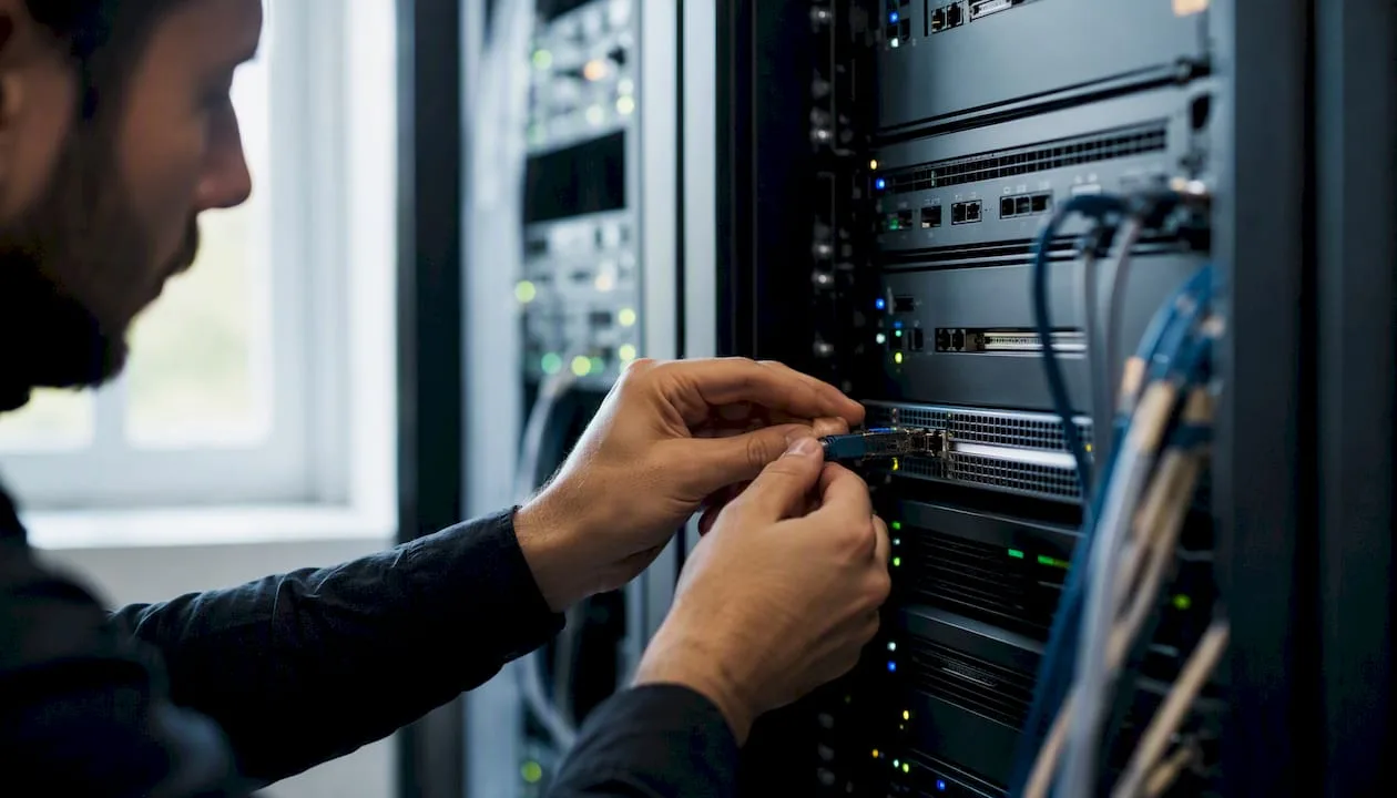 Hands plug a secure network cable into the heart of a computer rack.