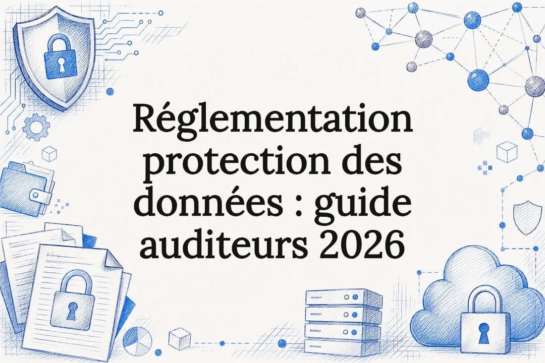 Illustration décorative au style esquissé, mettant en avant la protection des données et le respect des normes.
