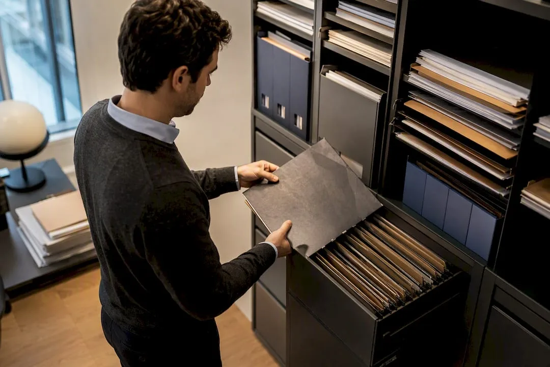 Hands putting away a legal registry folder