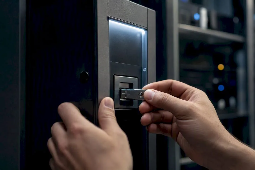 Hands inserting a hardware security key into a server room