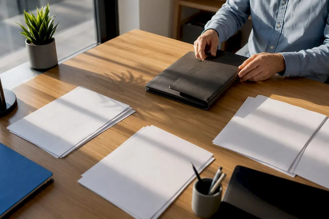Hand placing a checklist folder on the meeting table
