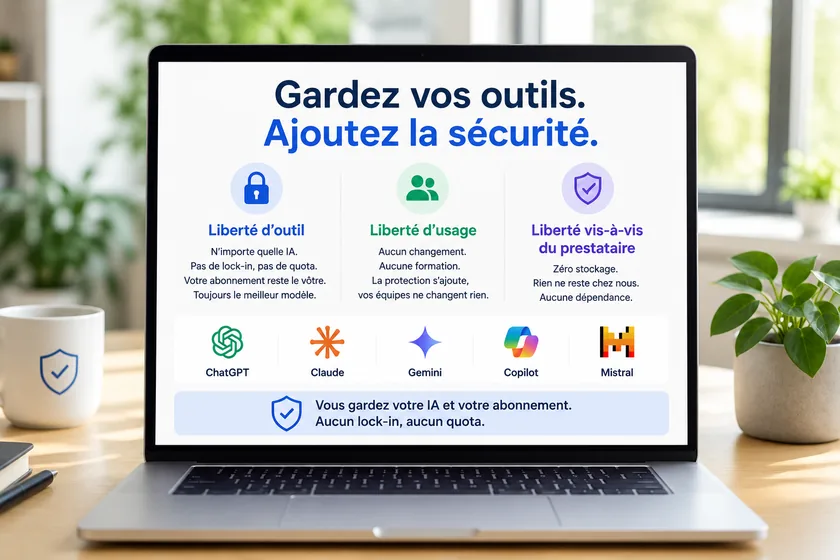 Ordinateur affichant les trois libertés et les outils IA compatibles