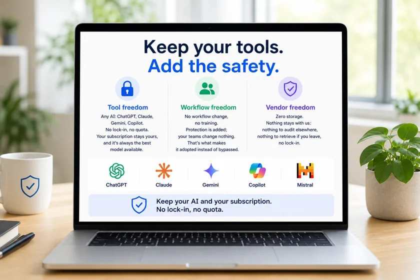 Laptop showing the three freedoms and compatible AI tools
